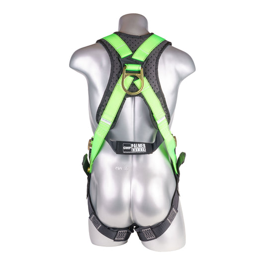 Harness 5pt., Padded Back, Back D-Ring, QCB Chest, Tongue and Buckle Leg Straps, High Vis Green — view 2