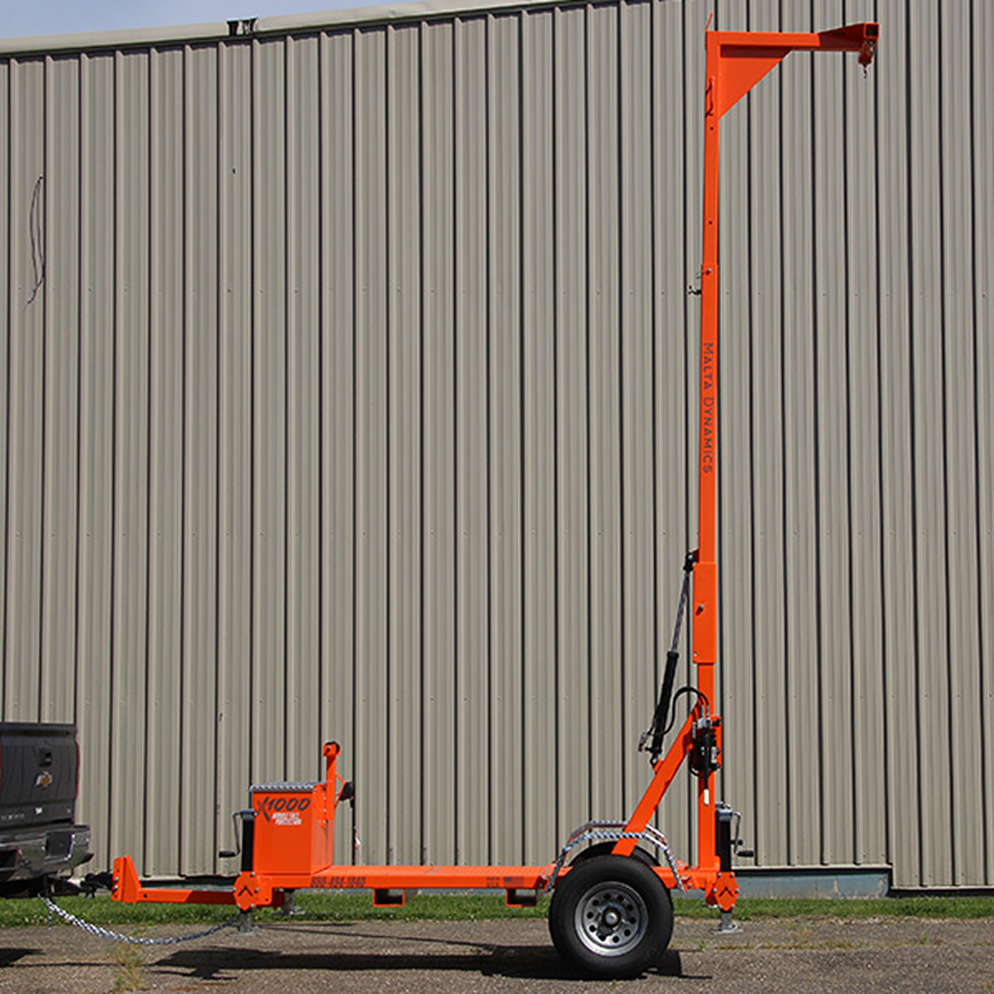 Malta Dynamics X1000 road-towable mobile fall protection grabber with overhead anchor