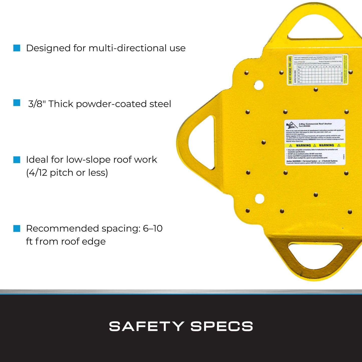Tie Down 65080 4-Way Roof Anchor Plate for 1 Worker in Fall Arrest and 2 Workers in Fall Restraint | 4 Connection Points