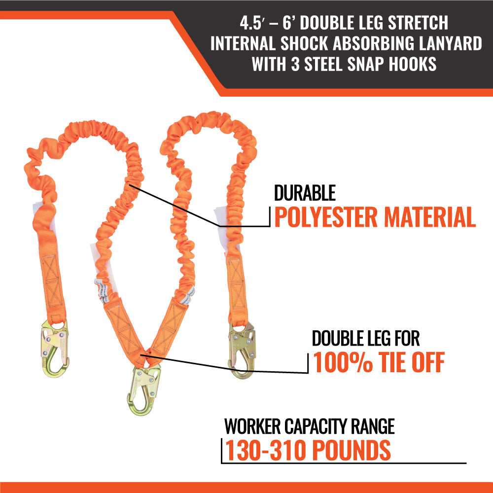 4.5'---6’-DOUBLE-LEG-STRETCH-INTERNAL-SHOCK-ABSORBING-LANYARD-WITH-3-STEEL-SNAP-HOOKS