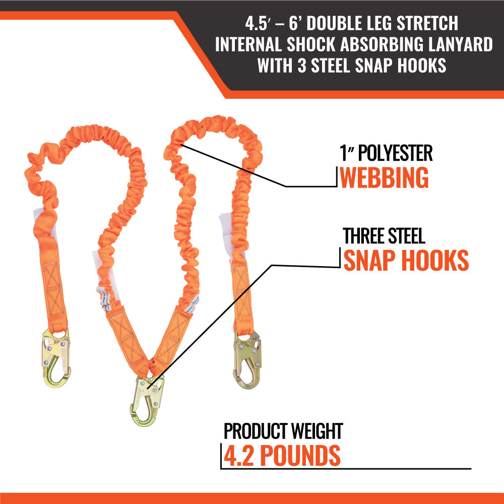 4.5'---6’-DOUBLE-LEG-STRETCH-INTERNAL-SHOCK-ABSORBING-LANYARD-WITH-3-STEEL-SNAP-HOOKS