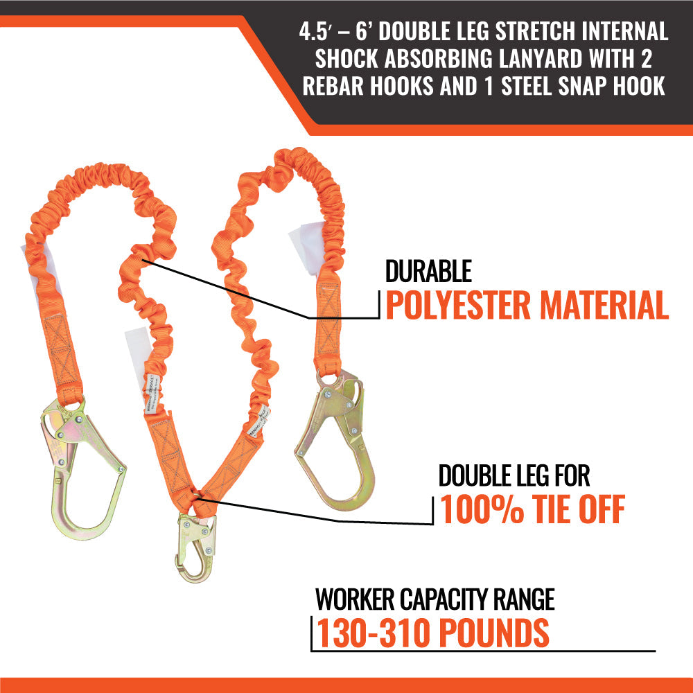 4.5'---6’-DOUBLE-LEG-STRETCH-INTERNAL-SHOCK-ABSORBING-LANYARD-WITH-2-REBAR-HOOKS-AND-1-STEEL-SNAP-HOOK