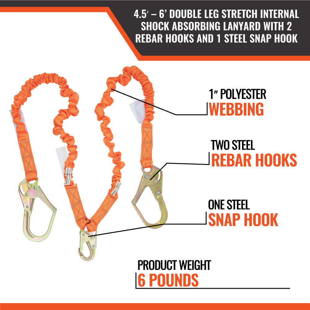 4.5'---6’-DOUBLE-LEG-STRETCH-INTERNAL-SHOCK-ABSORBING-LANYARD-WITH-2-REBAR-HOOKS-AND-1-STEEL-SNAP-HOOK