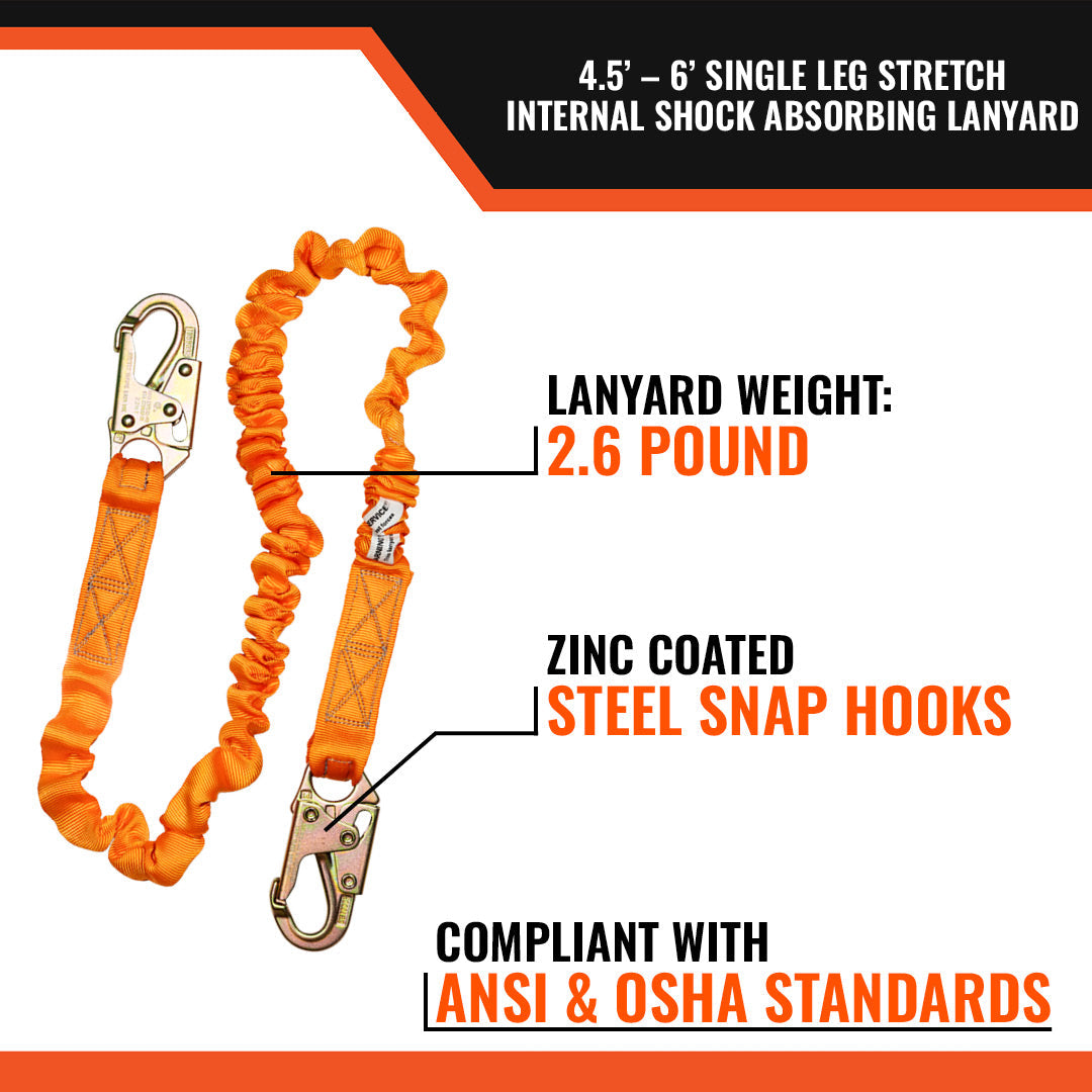 4.5'---6’-SINGLE-LEG-STRETCH-INTERNAL-SHOCK-ABSORBING-LANYARD-W/-2-STEEL-SNAP-HOOKS