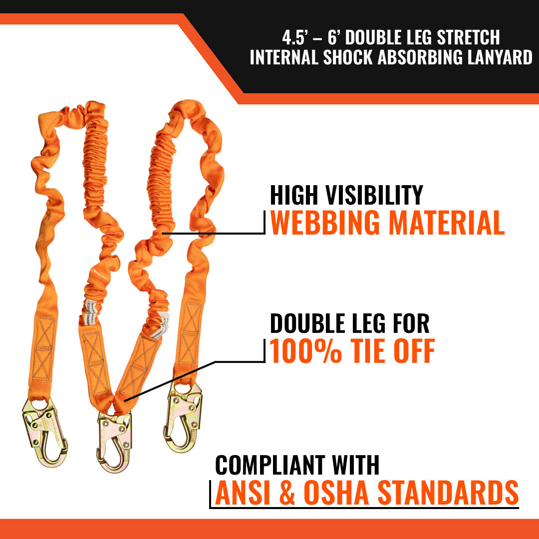 4.5'---6’-DOUBLE-LEG-STRETCH-INTERNAL-SHOCK-ABSORBING-LANYARD-WITH-3-STEEL-SNAP-HOOKS