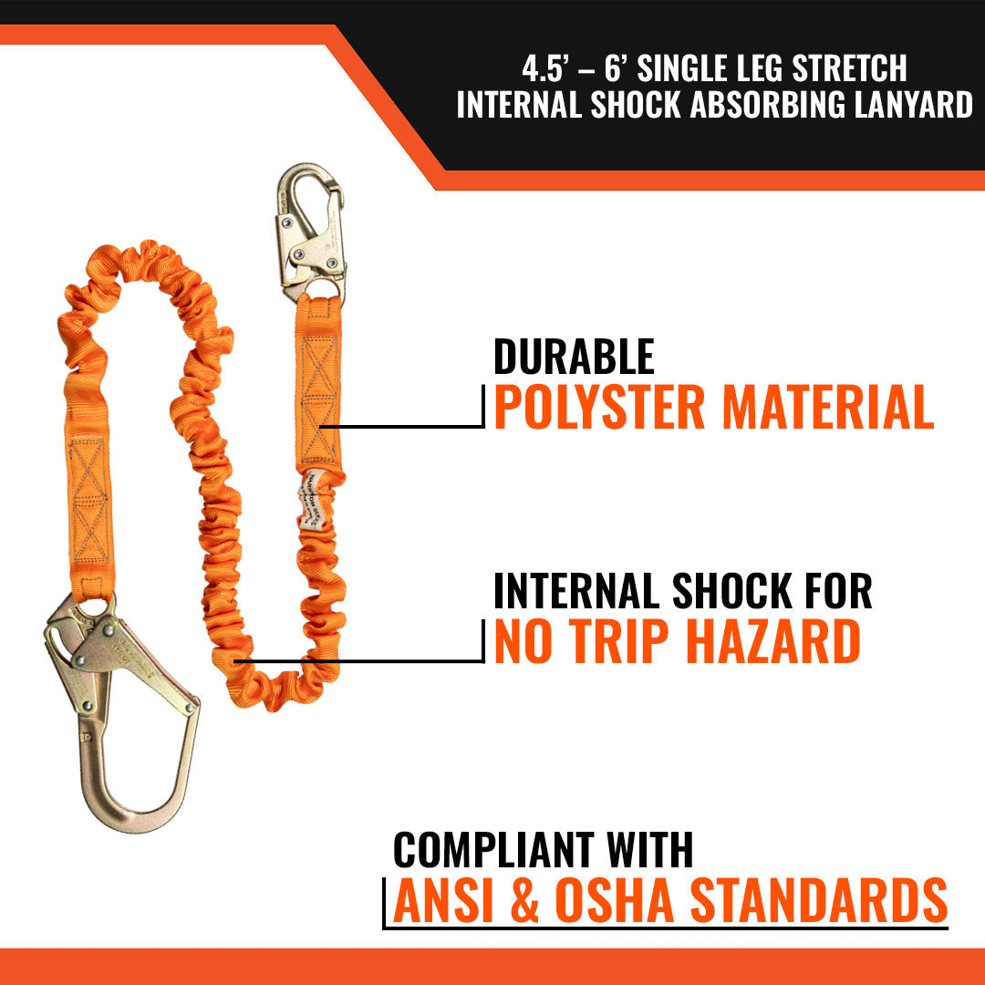 4.5'---6’-SINGLE-LEG-STRETCH-INTERNAL-SHOCK-ABSORBING-LANYARD-WITH-1-REBAR-HOOK-AND-1-STEEL-SNAP-HOOK