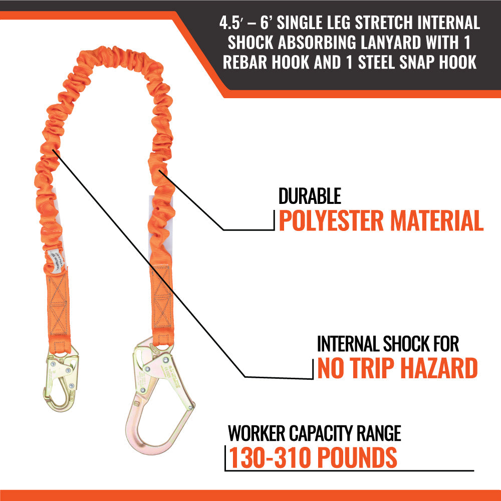 4.5'---6’-SINGLE-LEG-STRETCH-INTERNAL-SHOCK-ABSORBING-LANYARD-WITH-1-REBAR-HOOK-AND-1-STEEL-SNAP-HOOK
