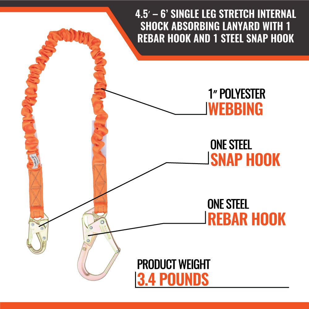 4.5'---6’-SINGLE-LEG-STRETCH-INTERNAL-SHOCK-ABSORBING-LANYARD-WITH-1-REBAR-HOOK-AND-1-STEEL-SNAP-HOOK