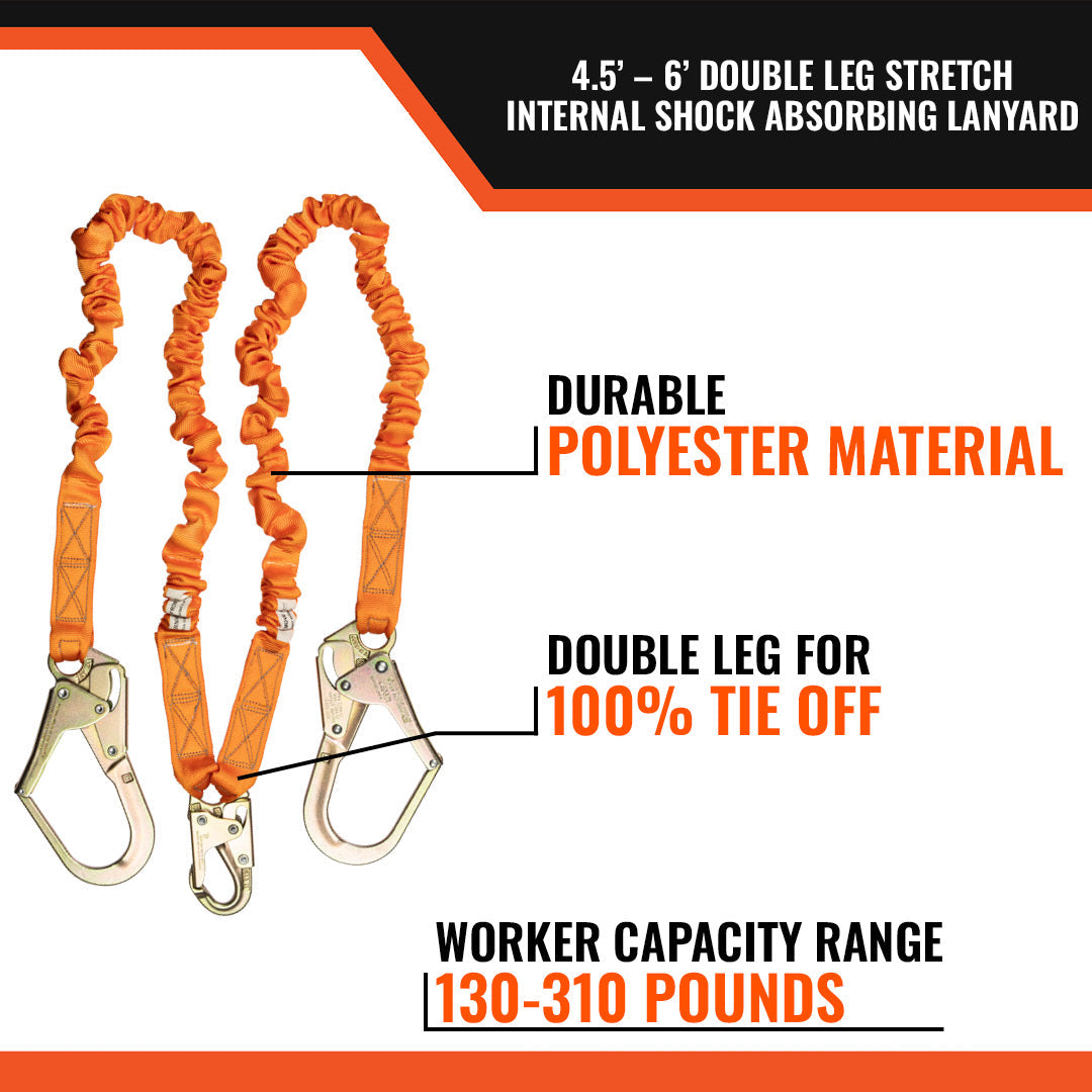 4.5'---6’-DOUBLE-LEG-STRETCH-INTERNAL-SHOCK-ABSORBING-LANYARD-WITH-2-REBAR-HOOKS-AND-1-STEEL-SNAP-HOOK