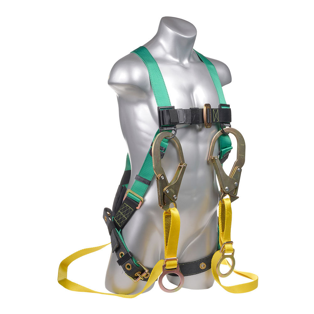 Harness 5pt, Grommet legs, Back D-Ring, with Dual Lanyard Rebar Hooks