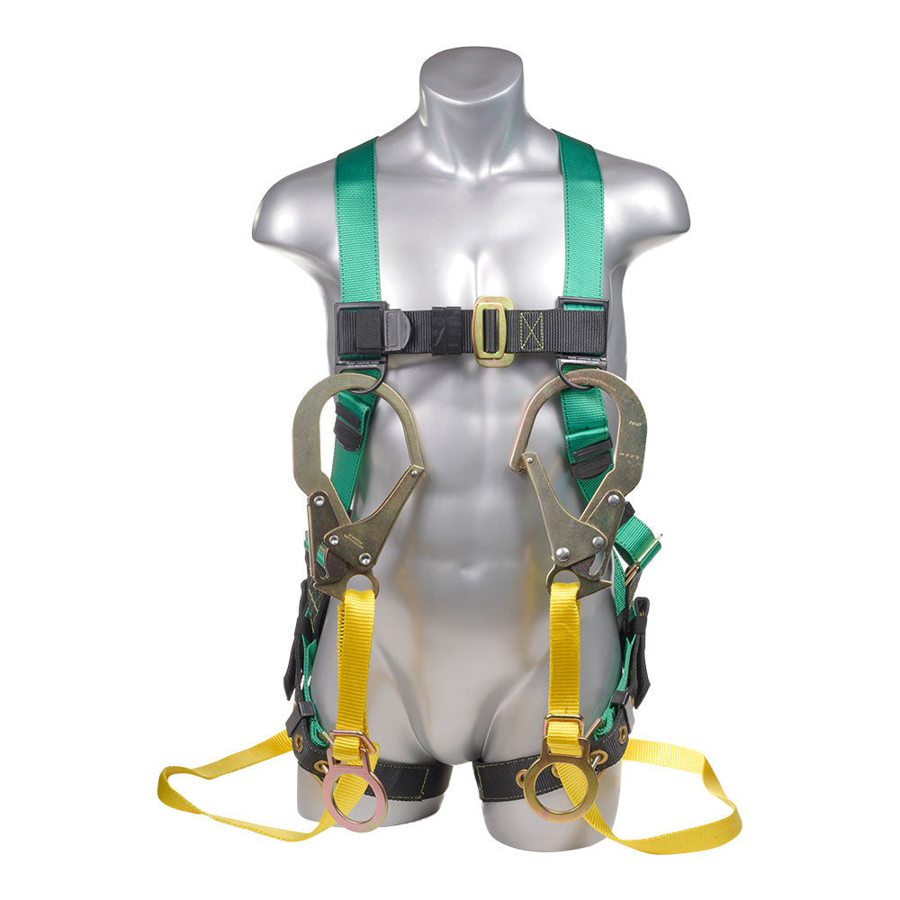 Harness 5pt, Grommet legs, Back D-Ring, with Dual Lanyard Rebar Hooks