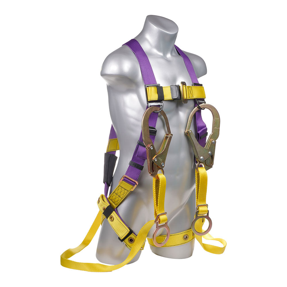 Harness 5pt, Grommet legs, Back D-Ring, with Dual Lanyard Rebar Hooks