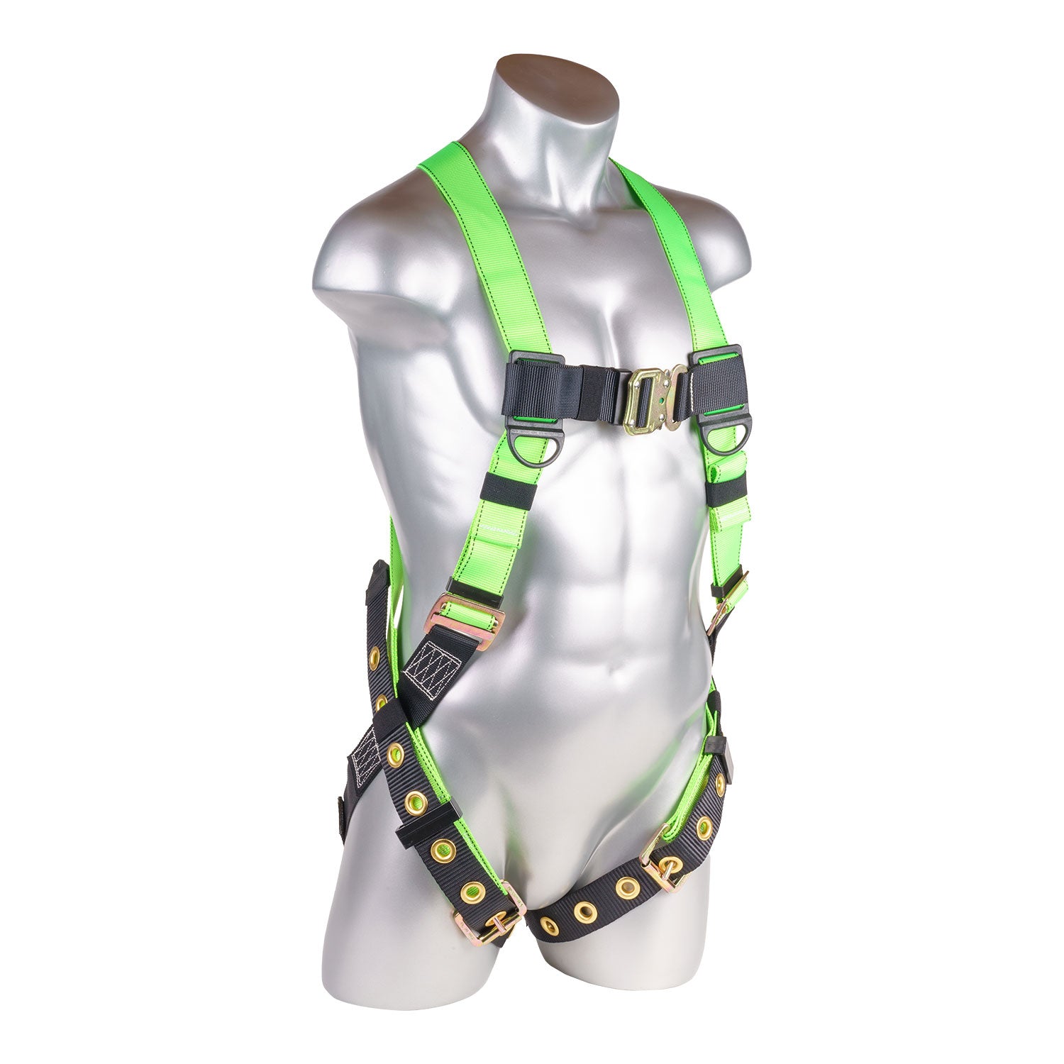 Harness-5pt.,-Back-D-Ring,-QCB-Chest,-Tongue-and-Buckle-Leg-Straps,-High-Vis-Green