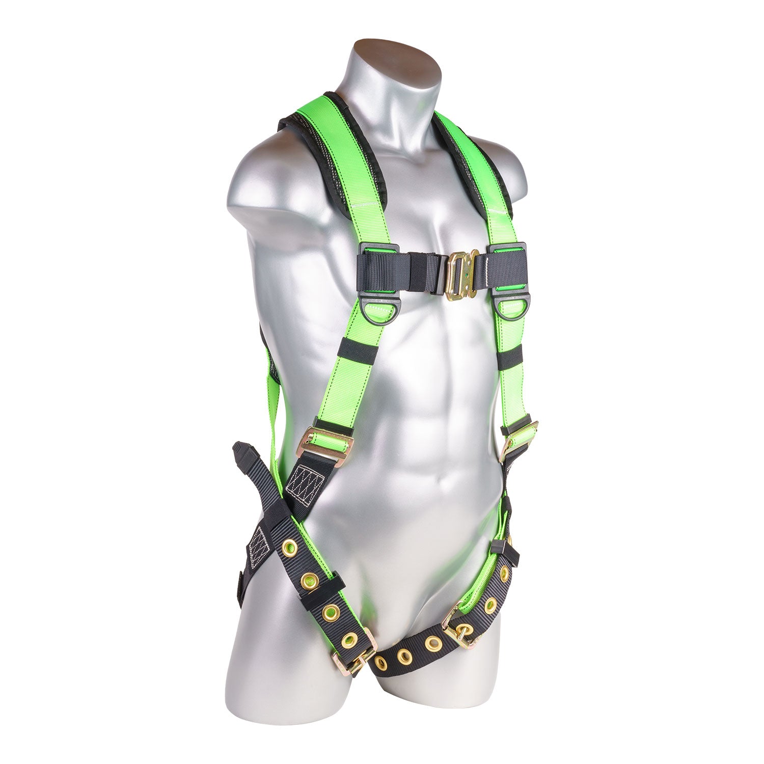 Harness-5pt.,-Padded-Back,-Back-D-Ring,-QCB-Chest,-Tongue-and-Buckle-Leg-Straps,--High-Vis-Green