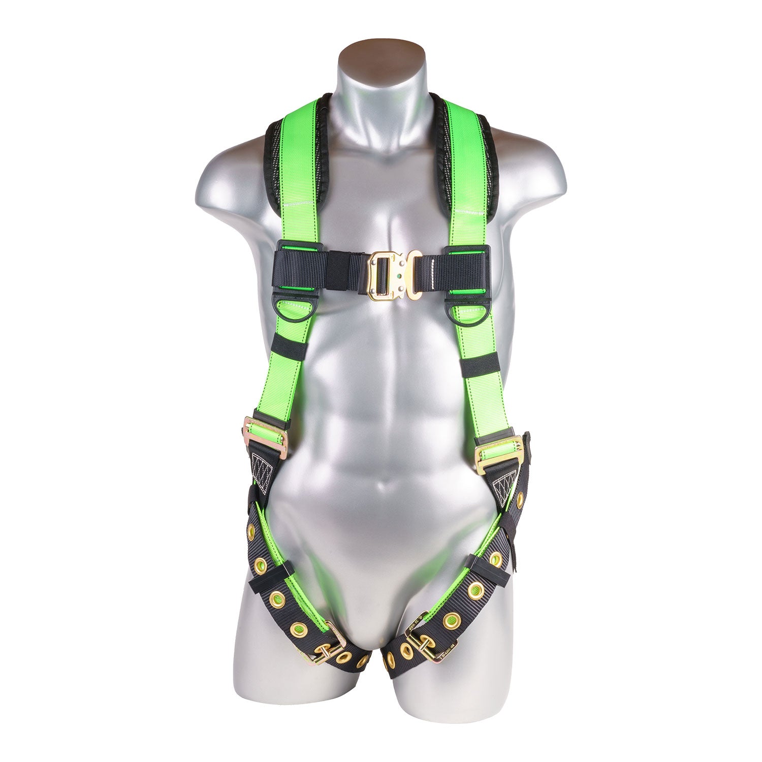 Harness-5pt.,-Padded-Back,-Back-D-Ring,-QCB-Chest,-Tongue-and-Buckle-Leg-Straps,--High-Vis-Green
