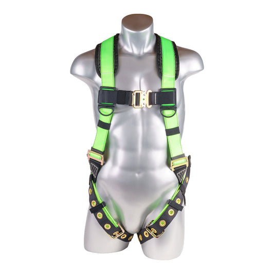Harness 5pt., Padded Back, Back D-Ring, QCB Chest, Tongue and Buckle Leg Straps,  High Vis Green