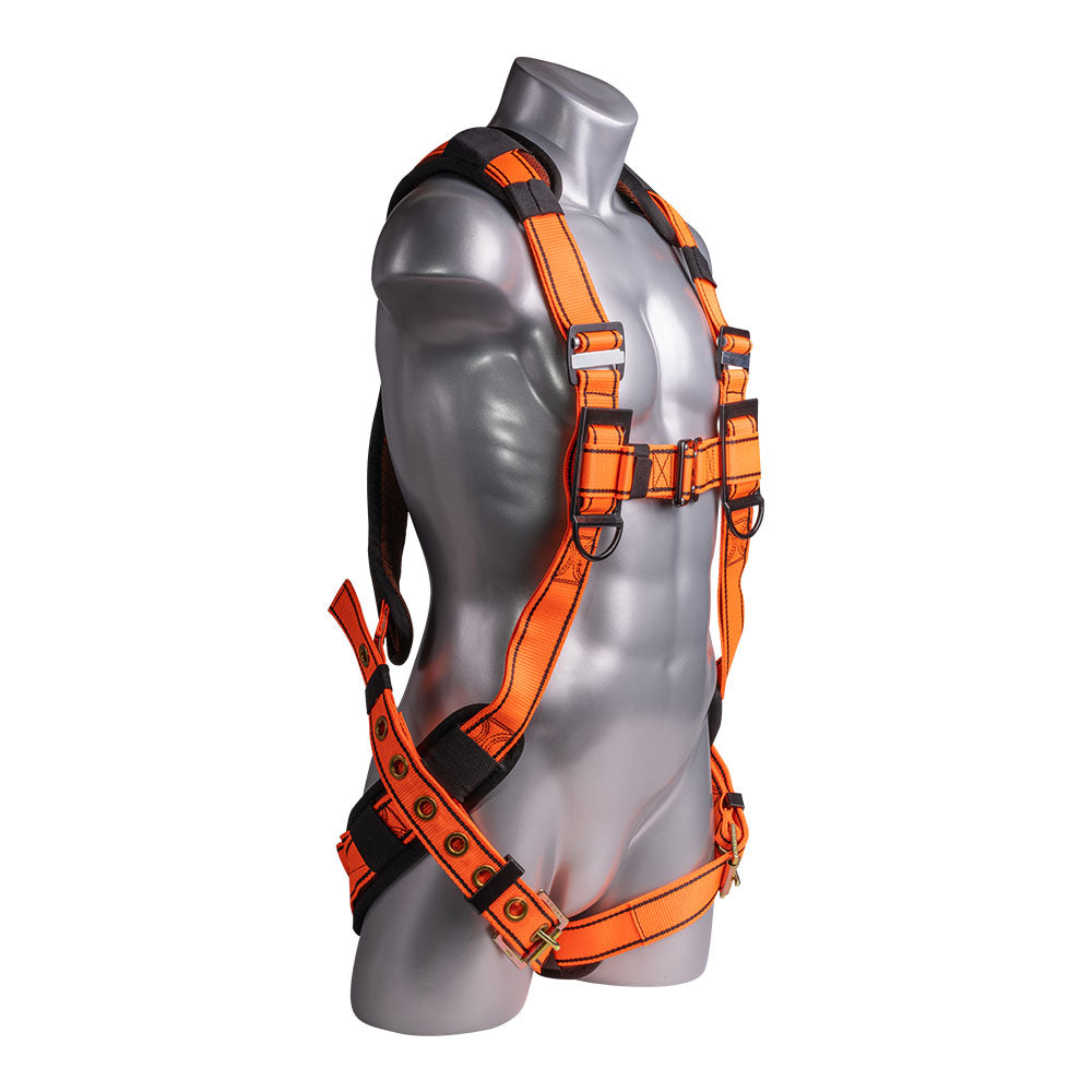 Harness 5pt., QCB, Padded Back, Grommet Legs, Back D-ring. Orange color.