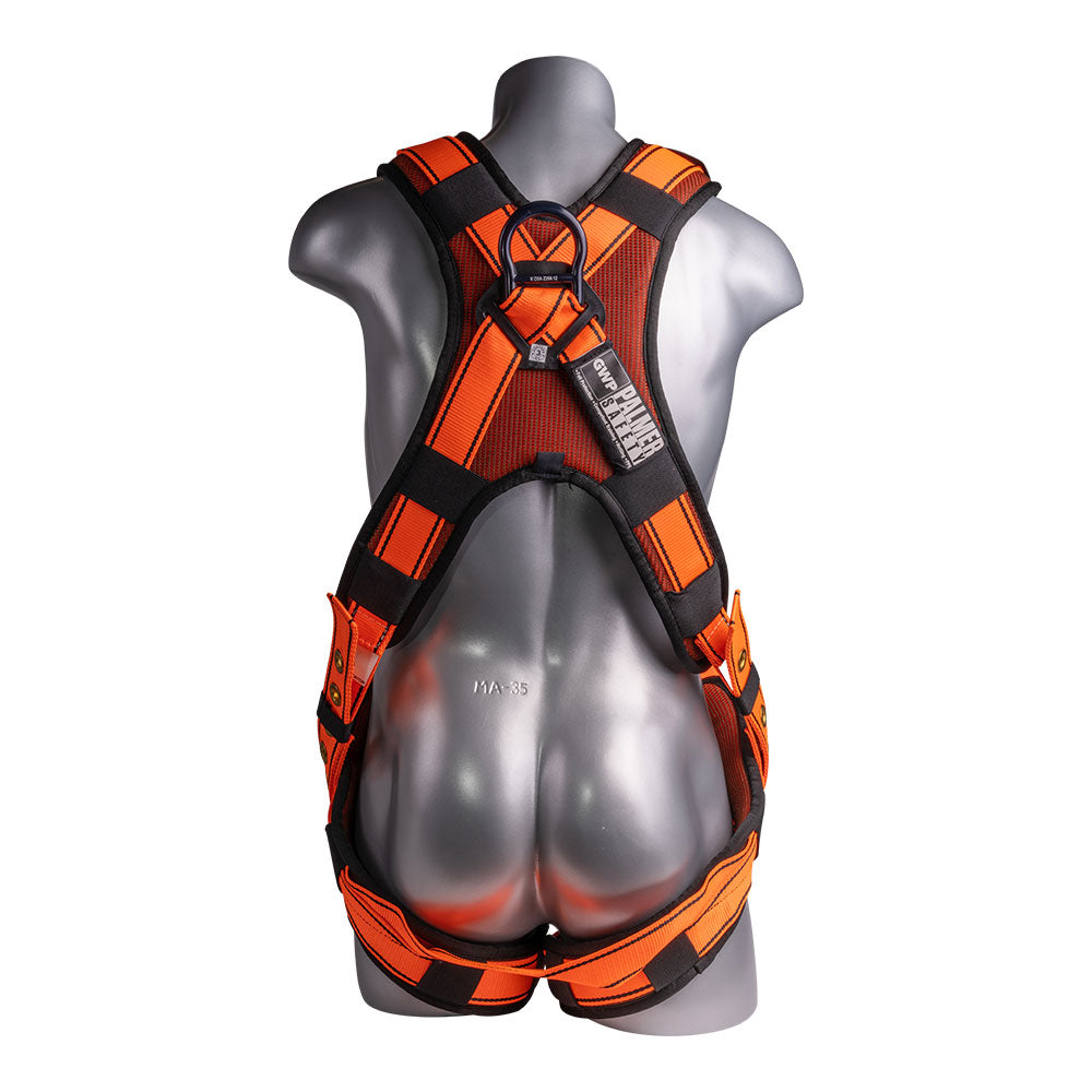 Harness 5pt., QCB, Padded Back, Grommet Legs, Back D-ring. Orange color.