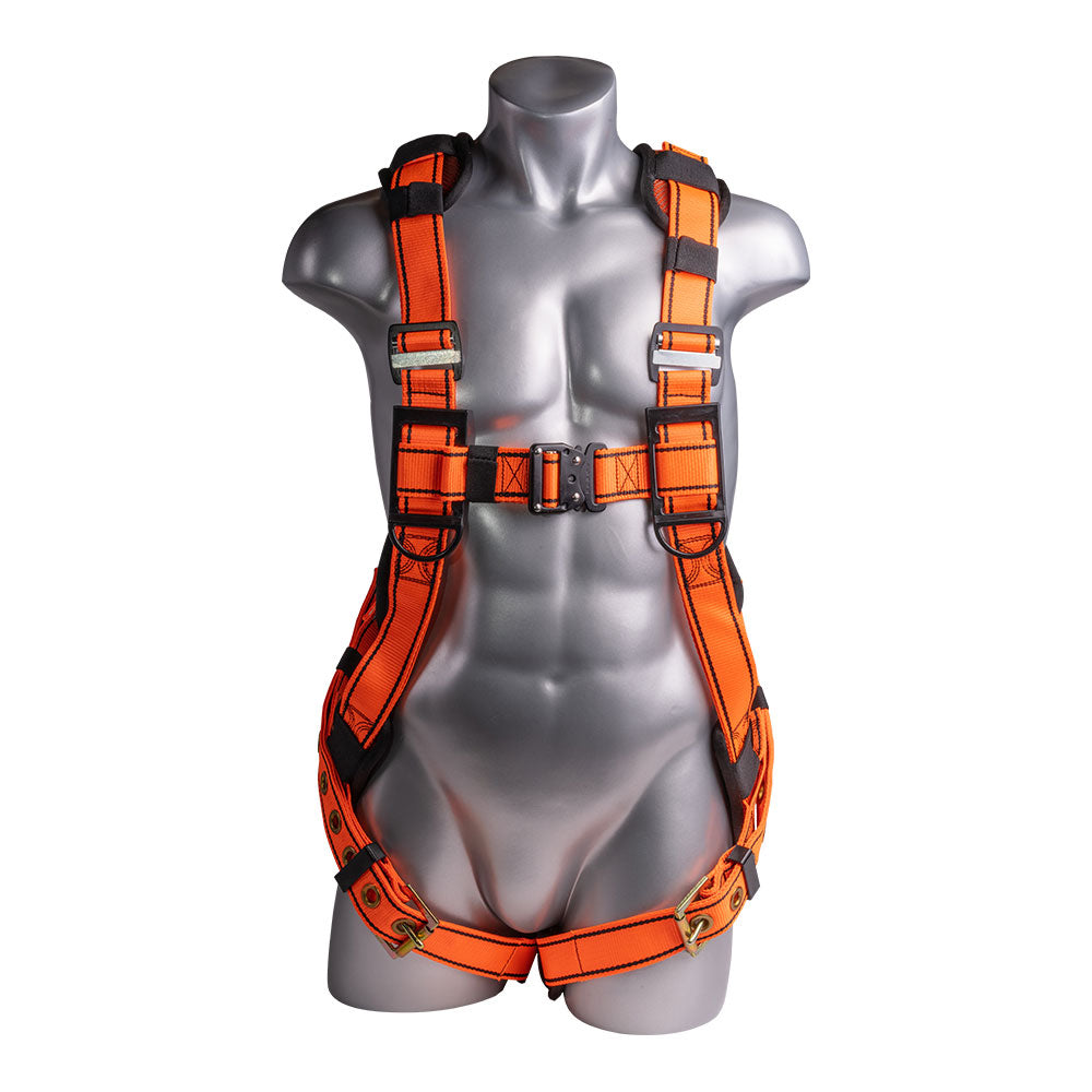 Harness 5pt., QCB, Padded Back, Grommet Legs, Back D-ring. Orange color.