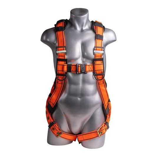 Harness 5pt., QCB, Padded Back, Grommet Legs, Back D-ring. Orange color.