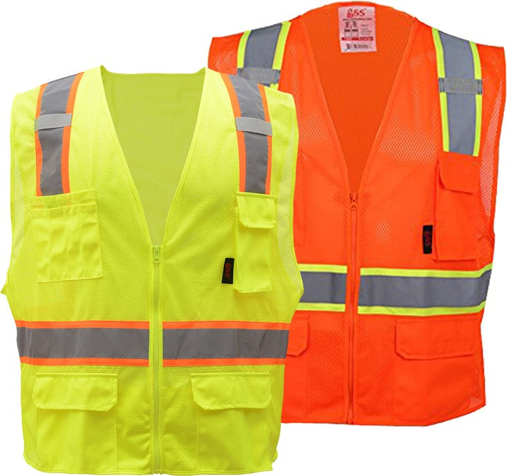 Premium-Class-2-Multi-Purpose-Two-Tone-Mesh-Zipper-Vest-W/-6-Pockets-Vest