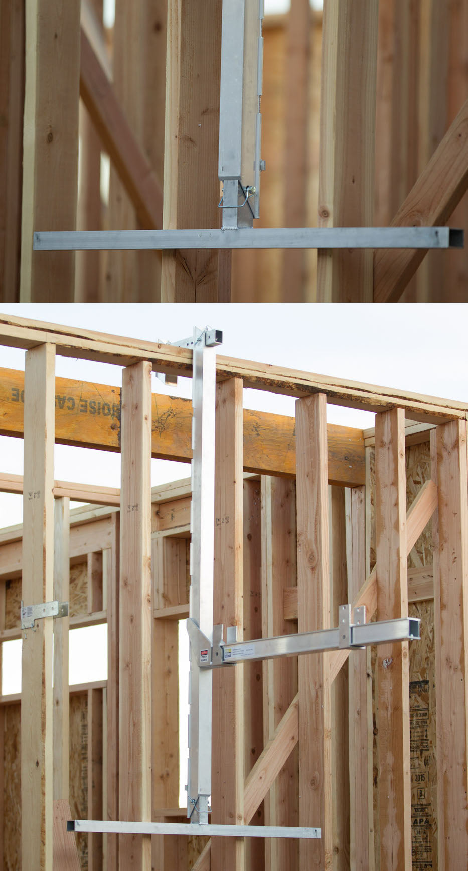 Wall Walker SB042 stabilizer bar supporting the scaffold across a window opening